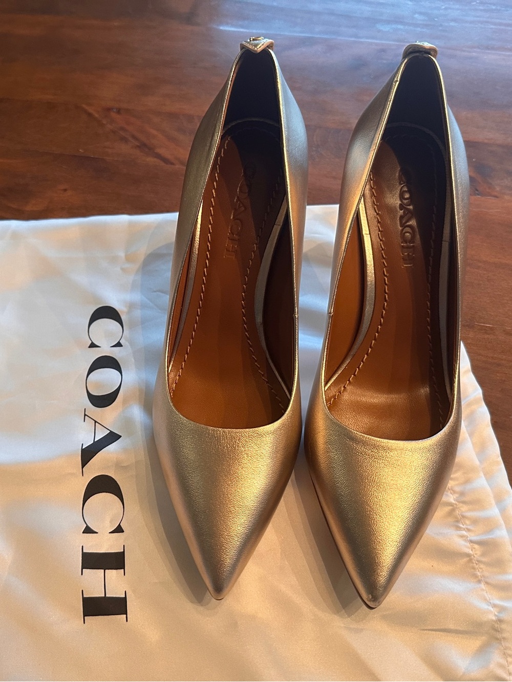 Coach Metallic Gold Pointed Toe Stiletto Pumps - Picture 2 of 4